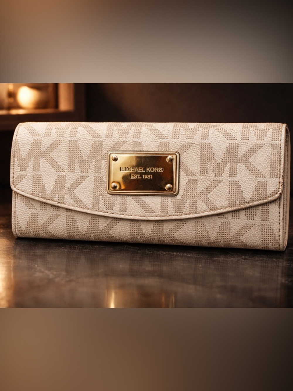 Michael Kors Beige Logo Continental Wallet with Gold Plaque